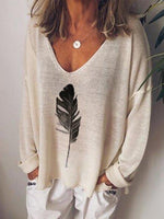 Women's V-neck Feather Print Long Sleeves Blouse
