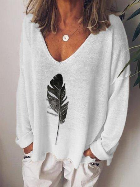 Women's V-neck Feather Print Long Sleeves Blouse