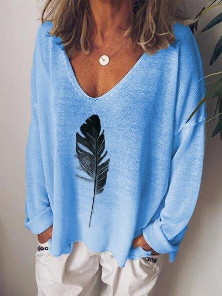 Women's V-neck Feather Print Long Sleeves Blouse