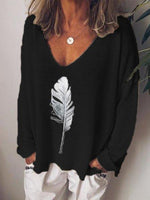 Women's V-neck Feather Print Long Sleeves Blouse