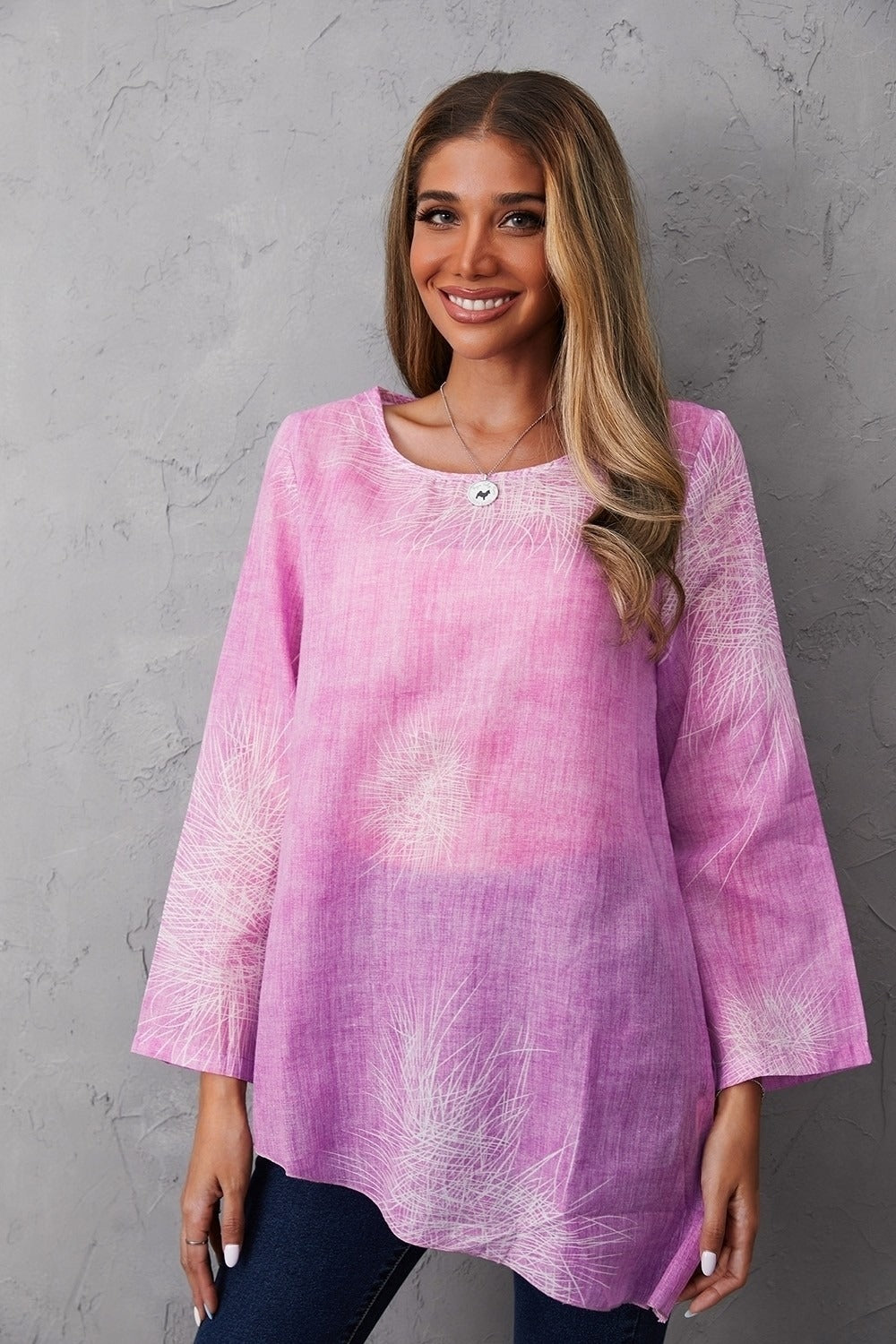 Women's Round Neck Floral Print Long Sleeves Blouse