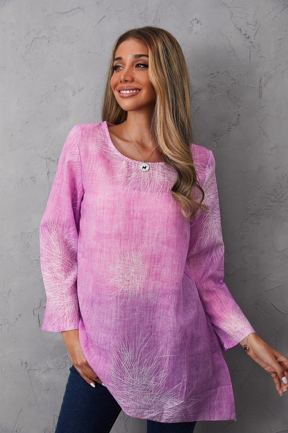 Women's Round Neck Floral Print Long Sleeves Blouse