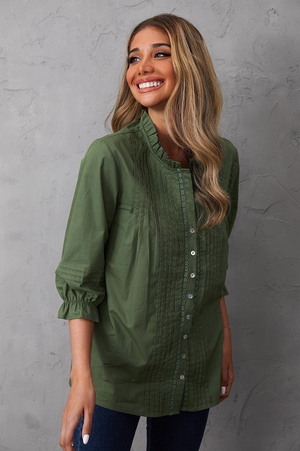 Women's V-neck Buttons Half Sleeves Blouse