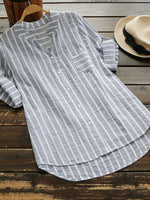 Women's V-neck Stripe Pockets Half Sleeves Blouse