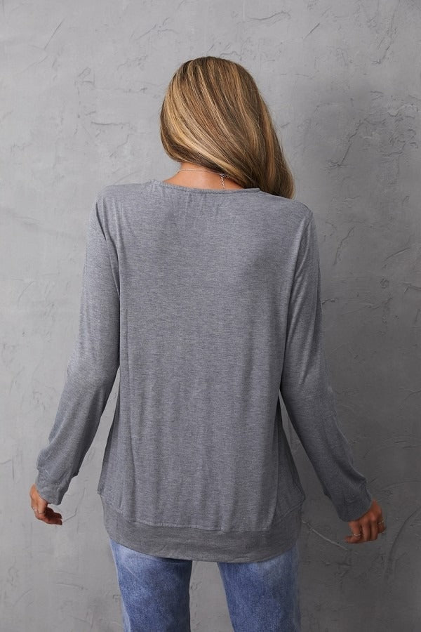 Women's V-neck Solid Color Zipper Long Sleeves Blouse