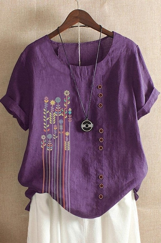 Women's Round Neck Floral Print Short Sleeves T-shirt