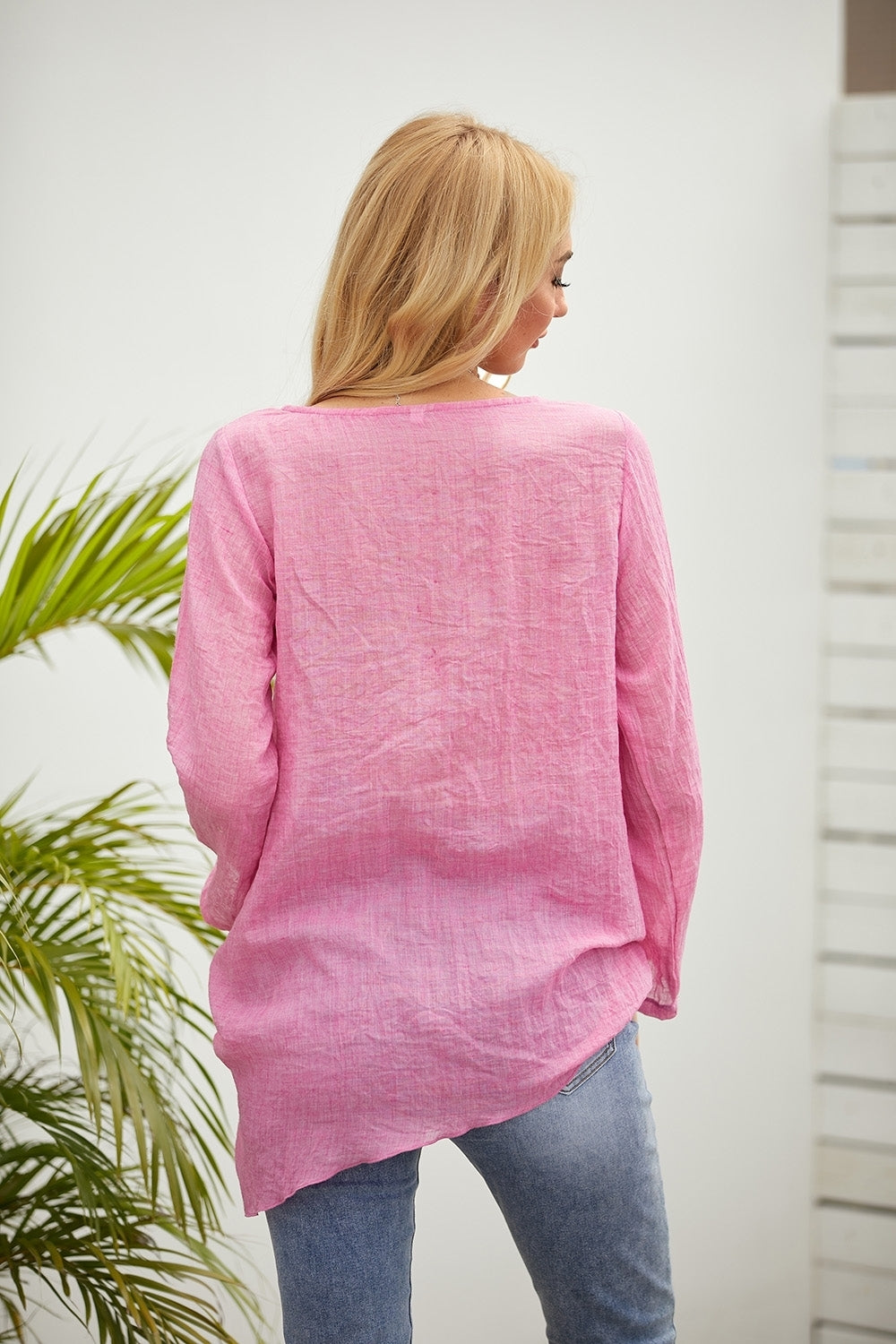 Fish-bone Print Crew Neck Long Sleeves Blouse