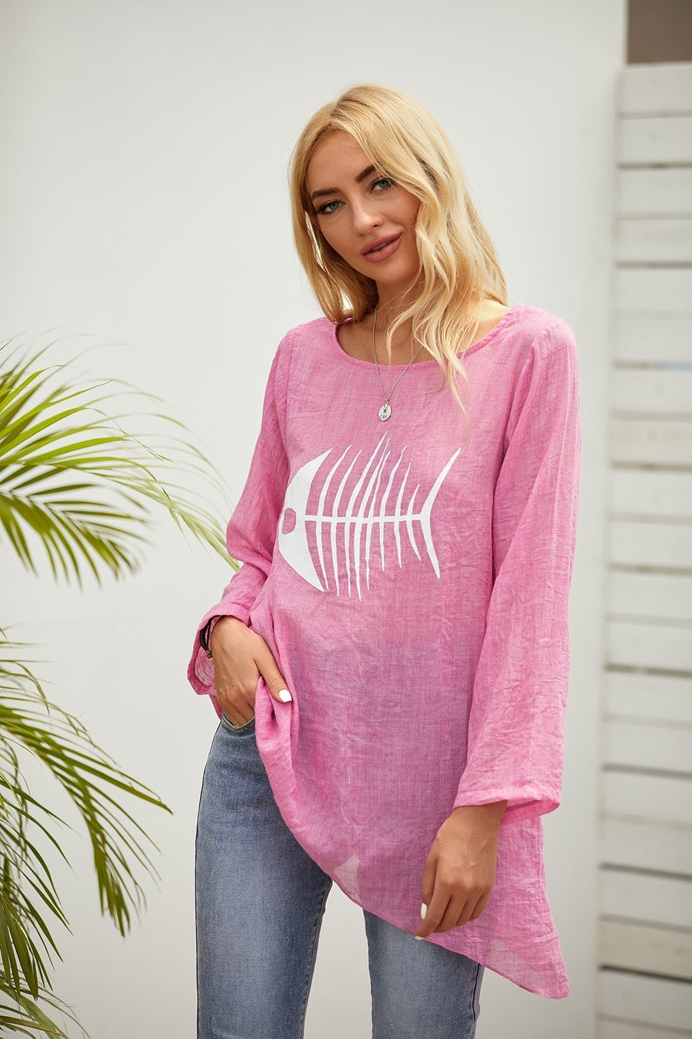 Fish-bone Print Crew Neck Long Sleeves Blouse