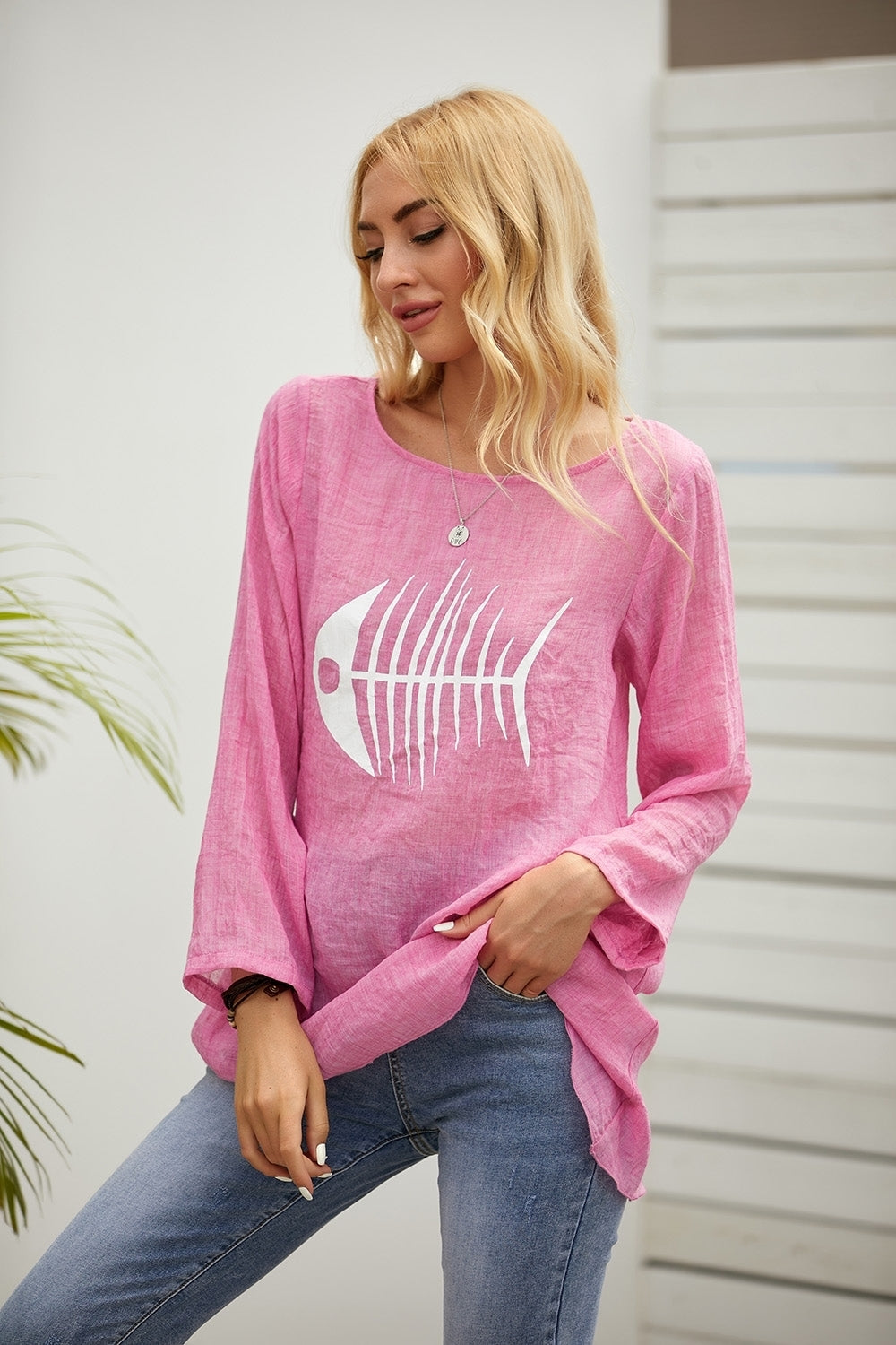 Fish-bone Print Crew Neck Long Sleeves Blouse