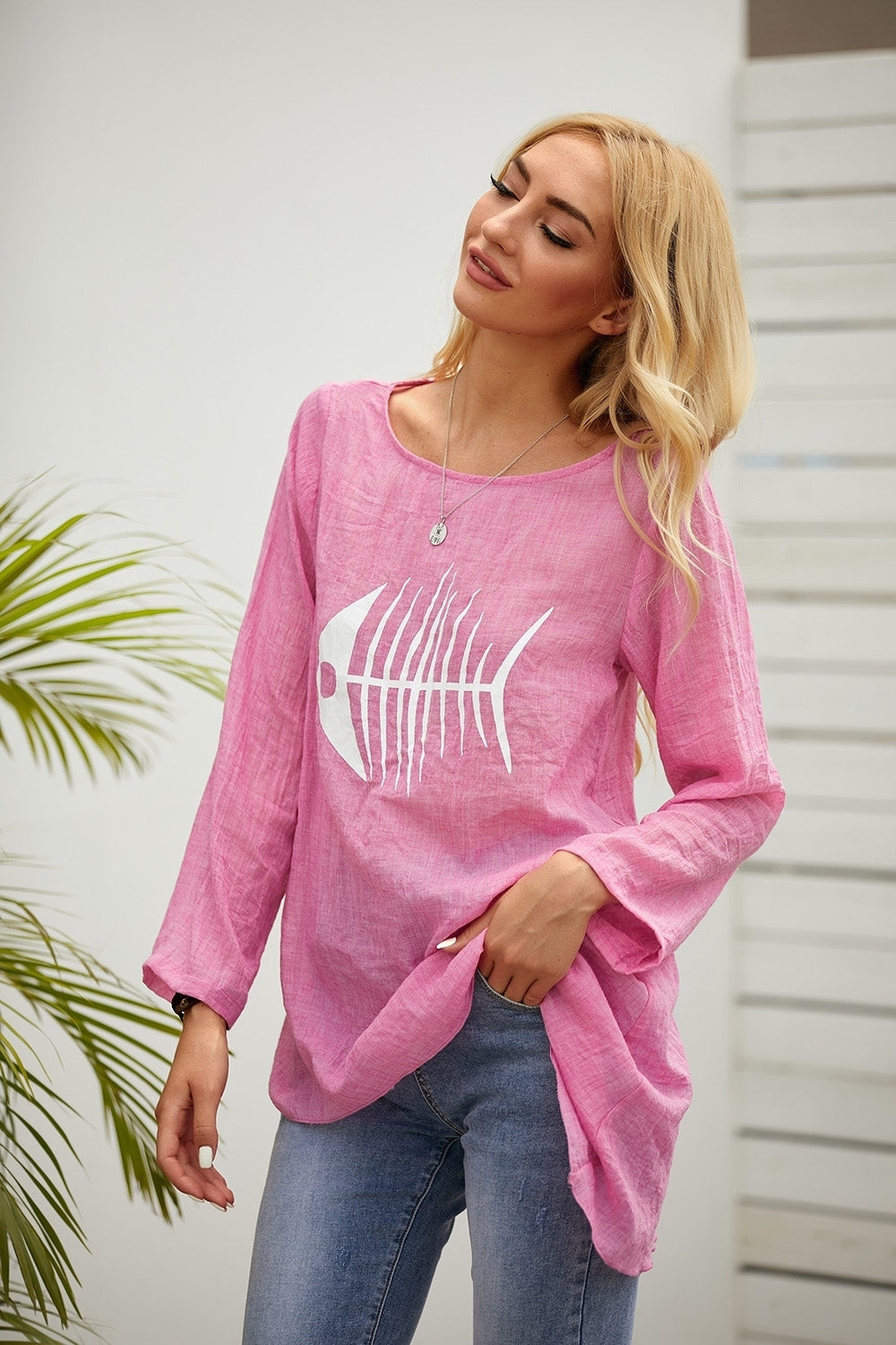 Fish-bone Print Crew Neck Long Sleeves Blouse