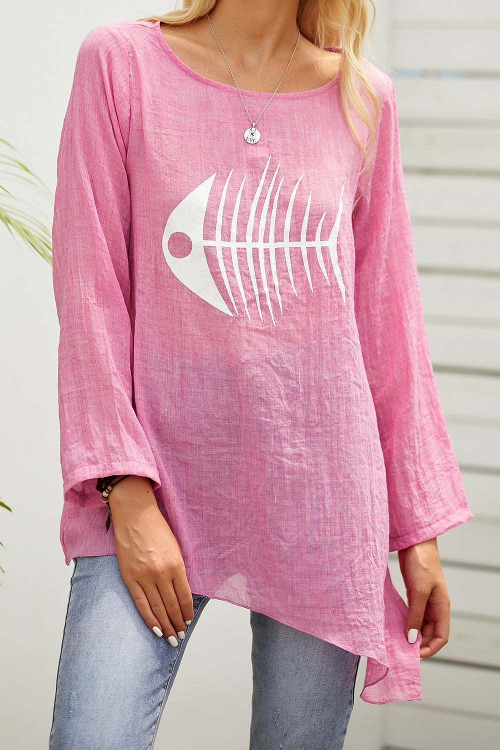 Fish-bone Print Crew Neck Long Sleeves Blouse