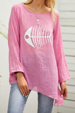 Fish-bone Print Crew Neck Long Sleeves Blouse