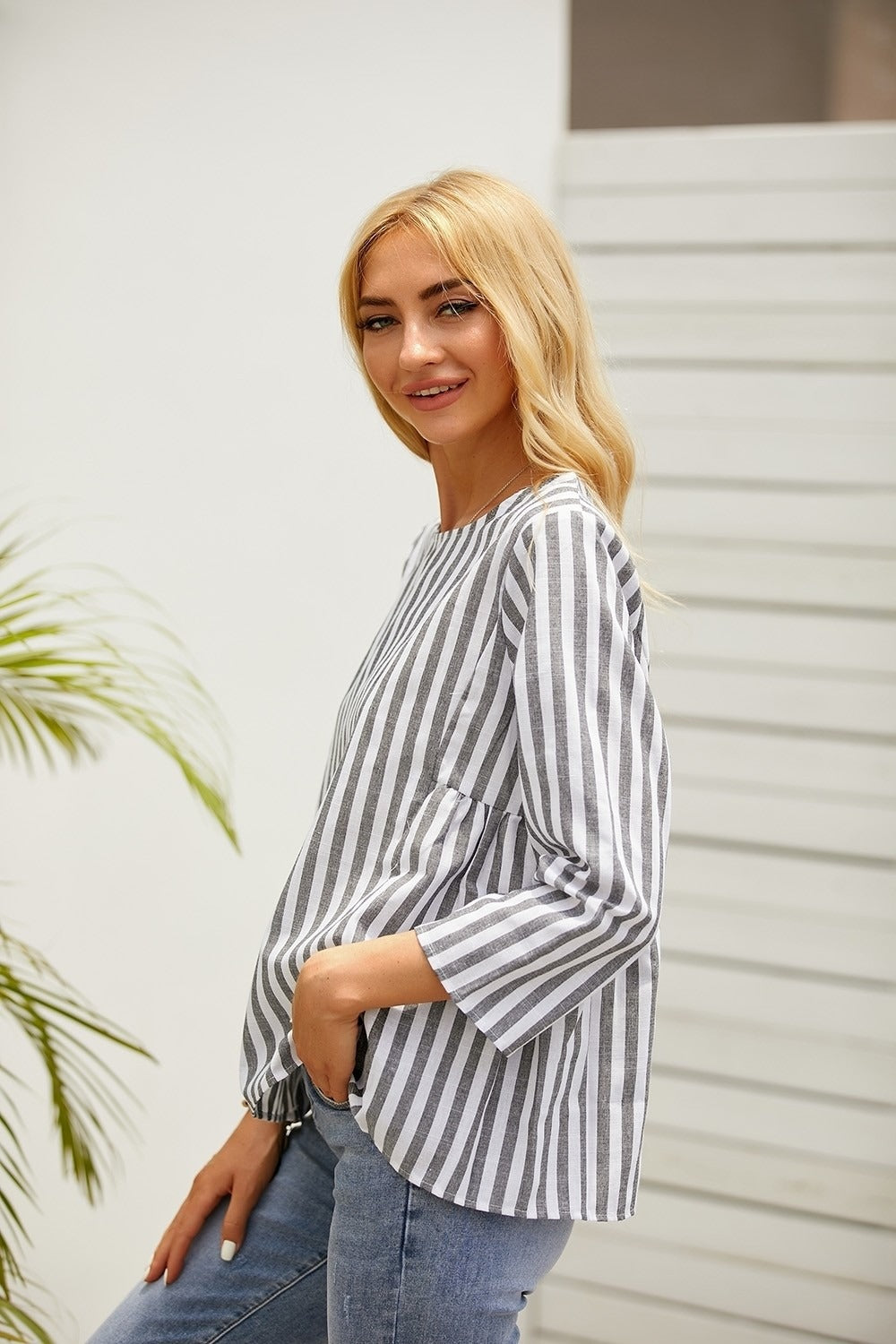 Stripe Print Round Neck 3/4 Sleeves Shirts & Tops