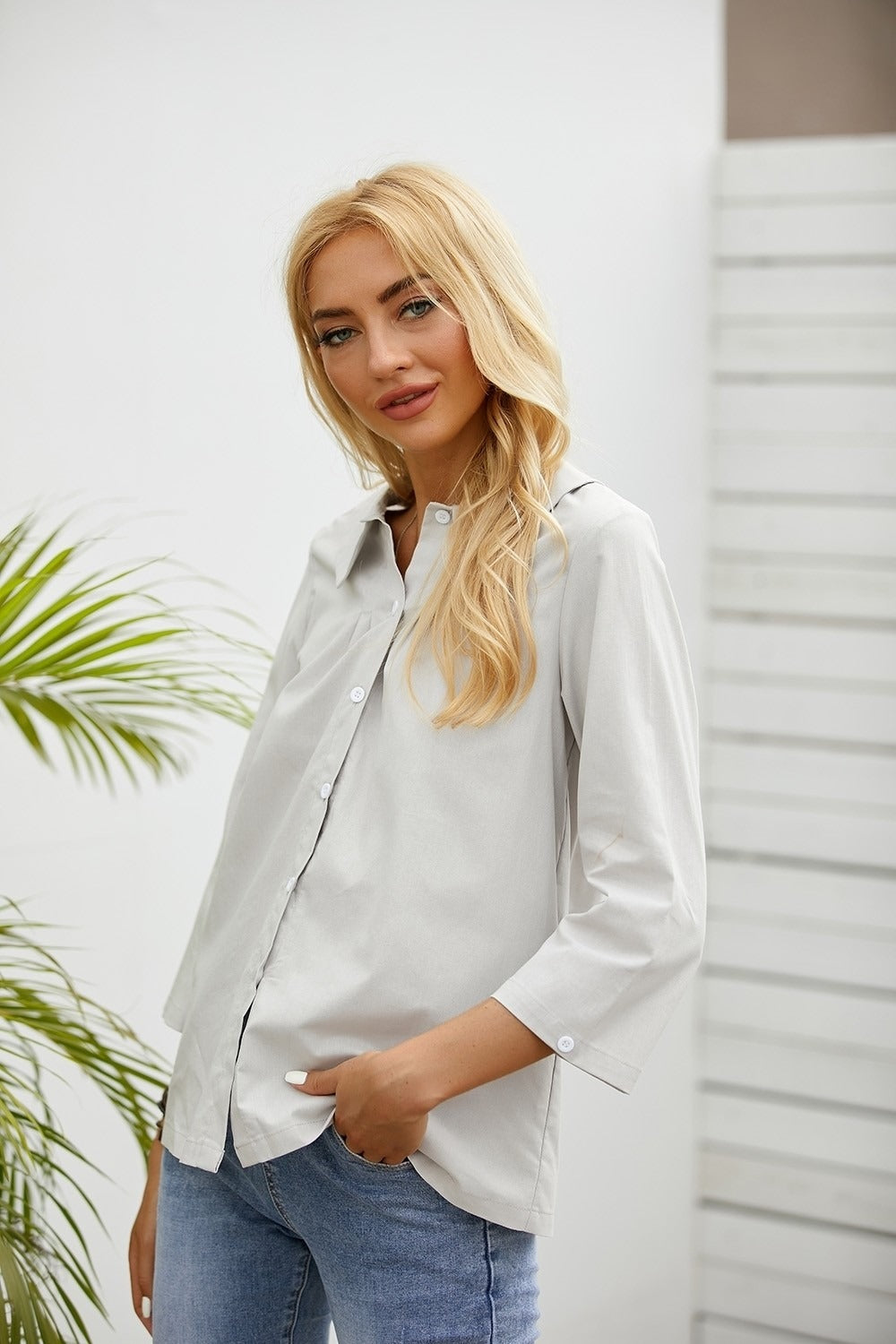 Solid Color Casual Round Neck Long Sleeves Blouse