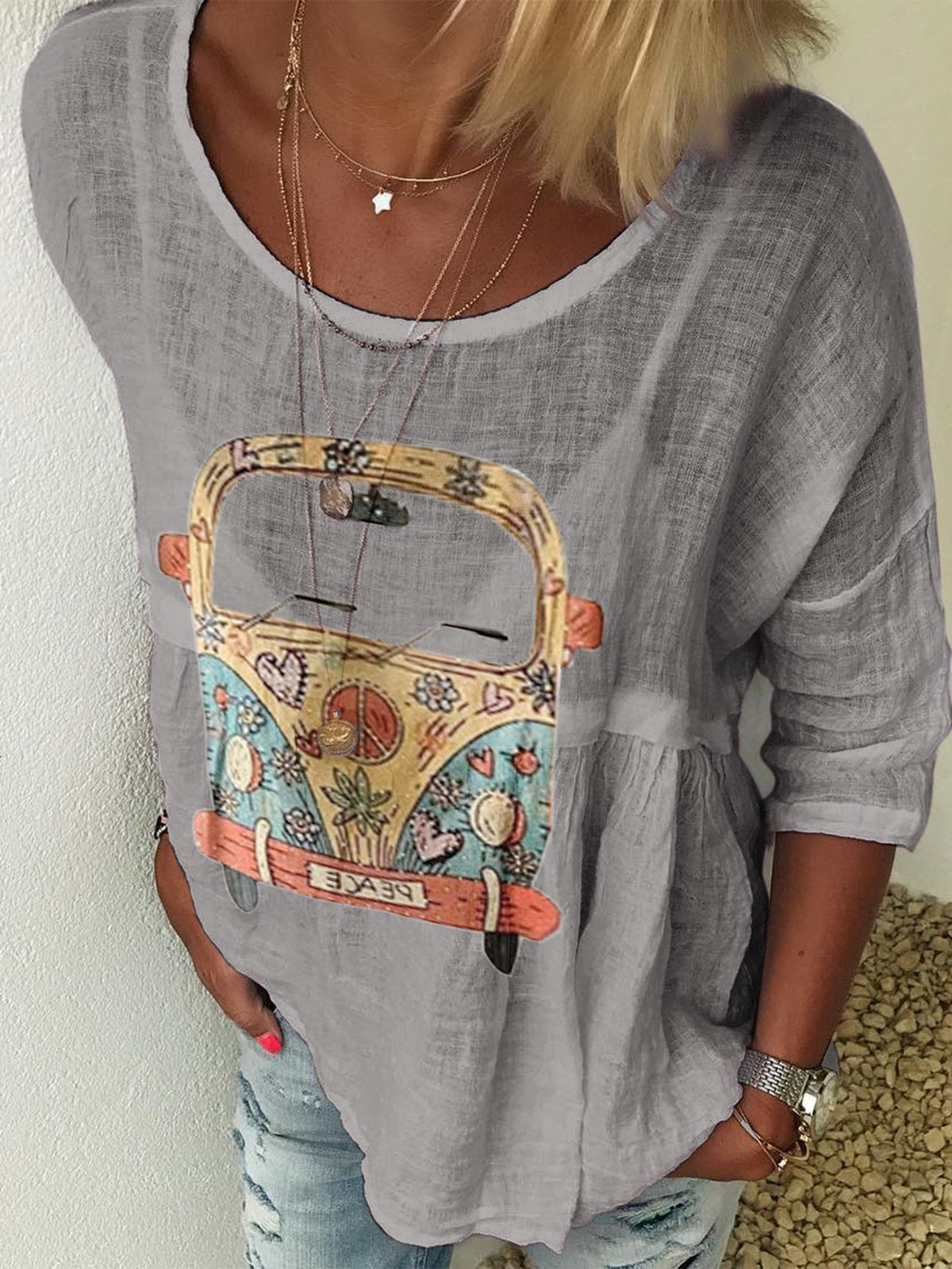 Women's Pattern Print Round Neck Half Sleeves Shirt