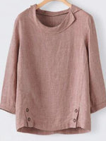Plain Buttons Round Neck 3/4 Sleeves Blouse