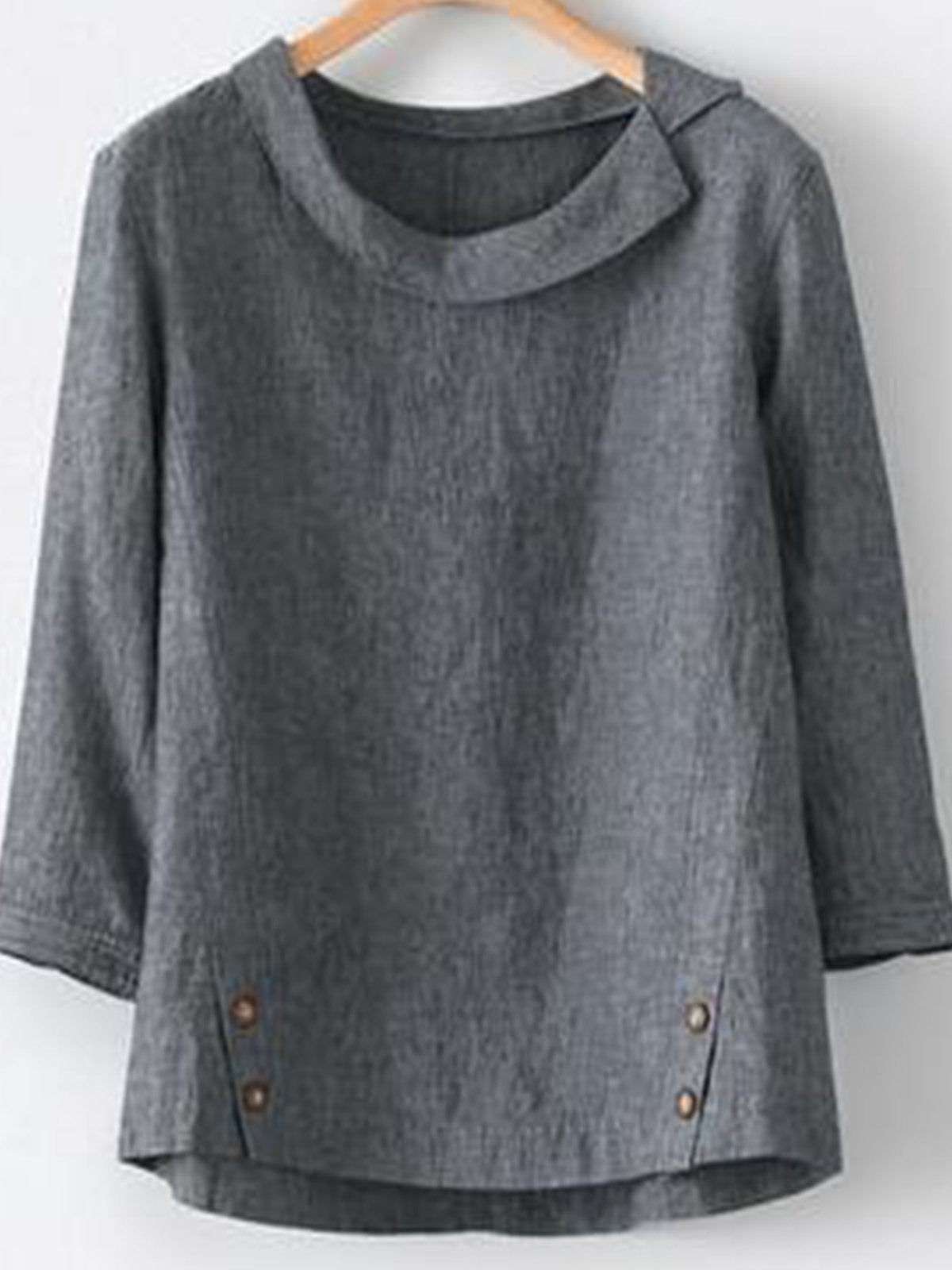 Plain Buttons Round Neck 3/4 Sleeves Blouse