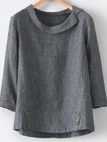 Plain Buttons Round Neck 3/4 Sleeves Blouse
