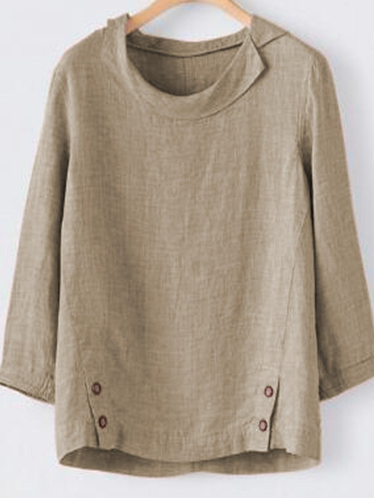 Plain Buttons Round Neck 3/4 Sleeves Blouse