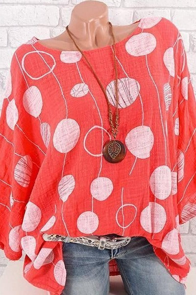Polka Dot Print Round Neck 3/4 Sleeves Blouse