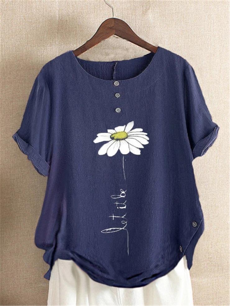 Floral Print Round Neck Short Sleeves Shirts & Tops