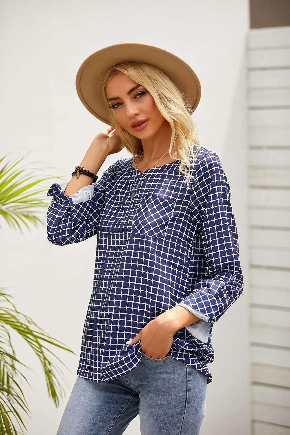Plaid Casual V-neck Long Sleeves Plus Size Blouse