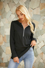 Plain Zipper Round Neck Long Sleeves Shirts & Tops