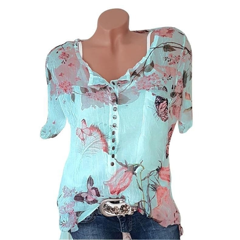 Floral Print V-neck Short Sleeves Blouse