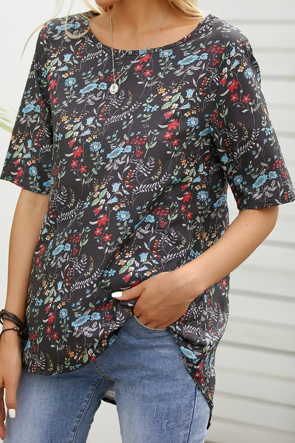 Women's Floral Print O-neck Short Sleeves Blouse