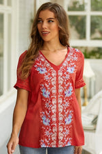 Floral Embroidery V-neck Short Sleeves Shirts & Tops