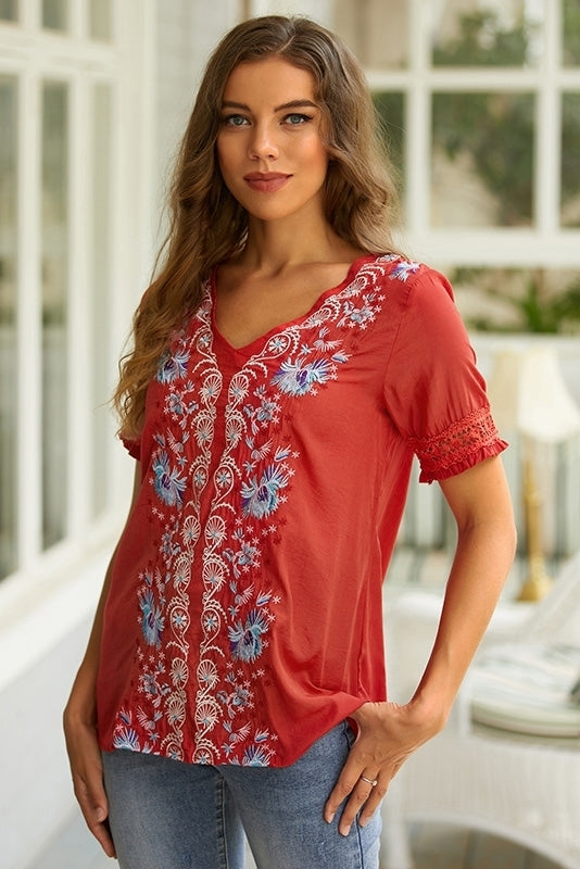Floral Embroidery V-neck Short Sleeves Shirts & Tops