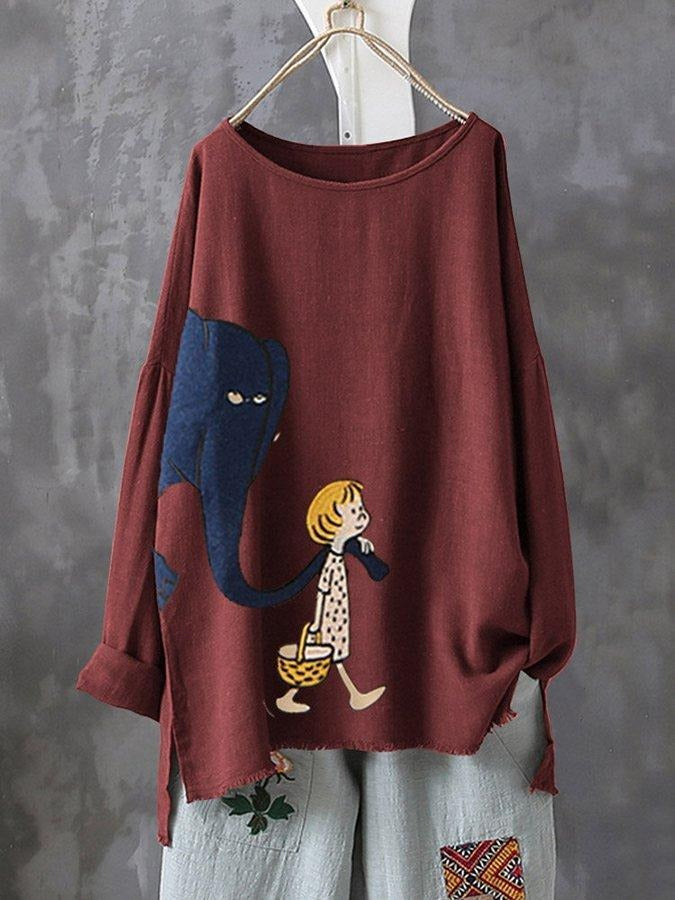 T-Shirt mit Tiermuster, Rundhalsausschnitt und langen Ärmeln in Übergröße