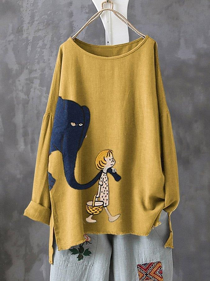 T-Shirt mit Tiermuster, Rundhalsausschnitt und langen Ärmeln in Übergröße