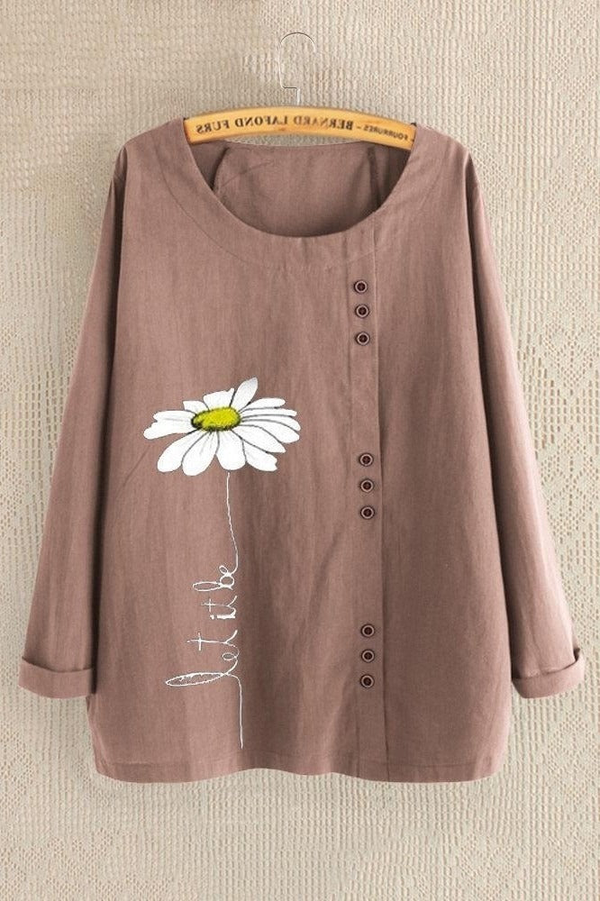 Floral Print Buttons O-neck Long Sleeves Shirts & Tops