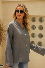 Solid Color Buttons V-neck Long Sleeves Blouse