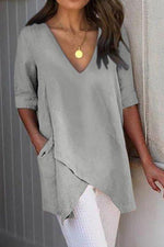 Solid Color with Pockets V-neck Short Sleeves Blouse