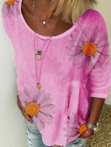 Floral Scoop Neck 3/4 Length Sleeves Shirt