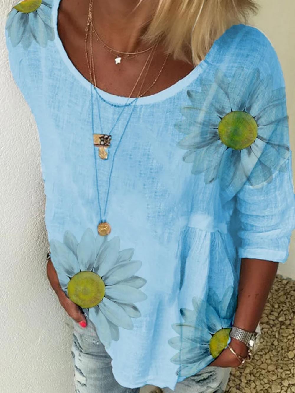 Floral Scoop Neck 3/4 Length Sleeves Shirt