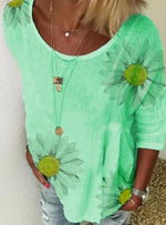 Floral Scoop Neck 3/4 Length Sleeves Shirt
