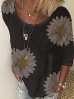 Floral Scoop Neck 3/4 Length Sleeves Shirt