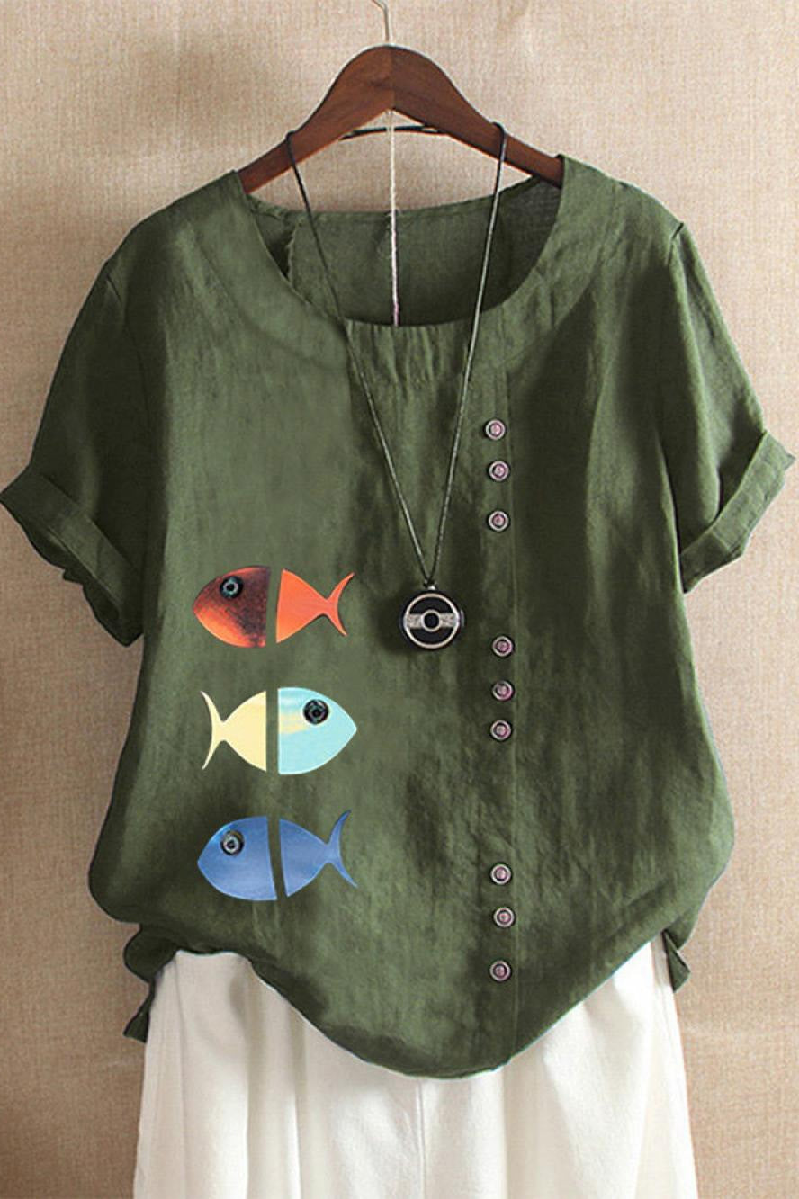 Fish Print Buttons Round Neck Short Sleeves T-shirt