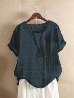 Geometric Print Buttons Round Neck Short Sleeves T-shirt