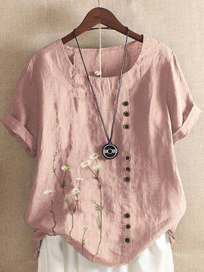 T-shirt à manches courtes, col rond et boutons à imprimé floral