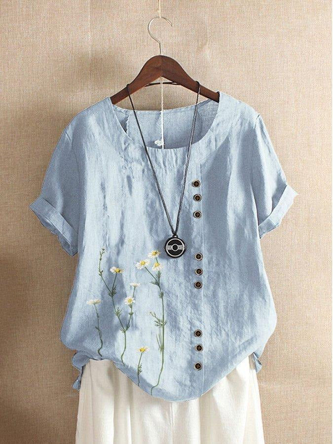 T-shirt à manches courtes, col rond et boutons à imprimé floral