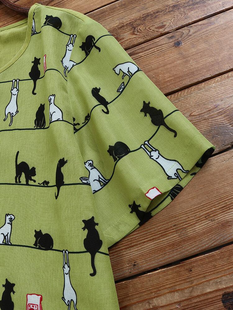 Cartoon Cat Print Buttons Round Neck Short Sleeves T-shirt