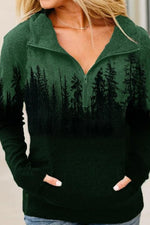 Landscape Print Collared Half Zipper Sweatshirt