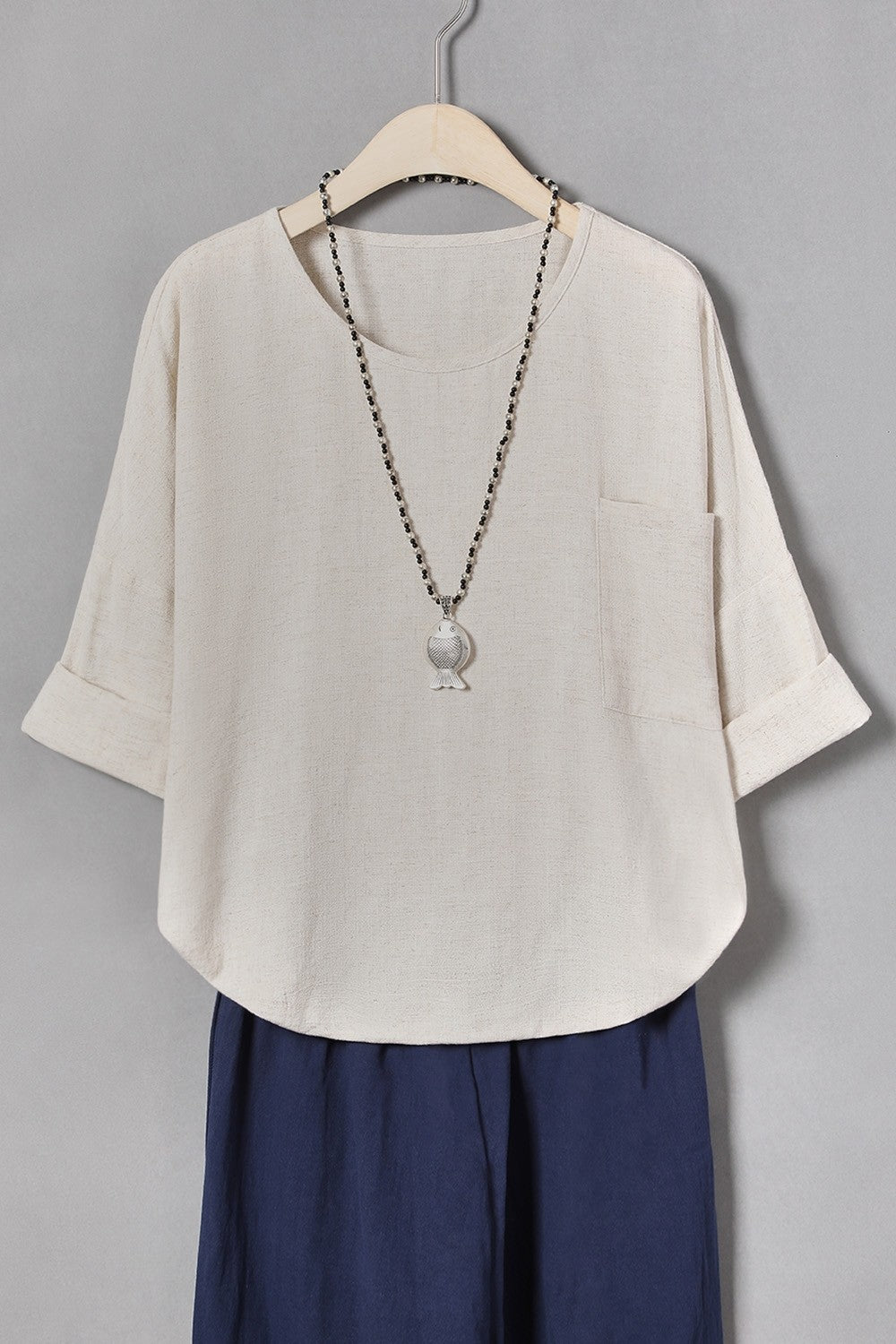 Solid Color Casual Round Neck 3/4 Sleeves Blouse