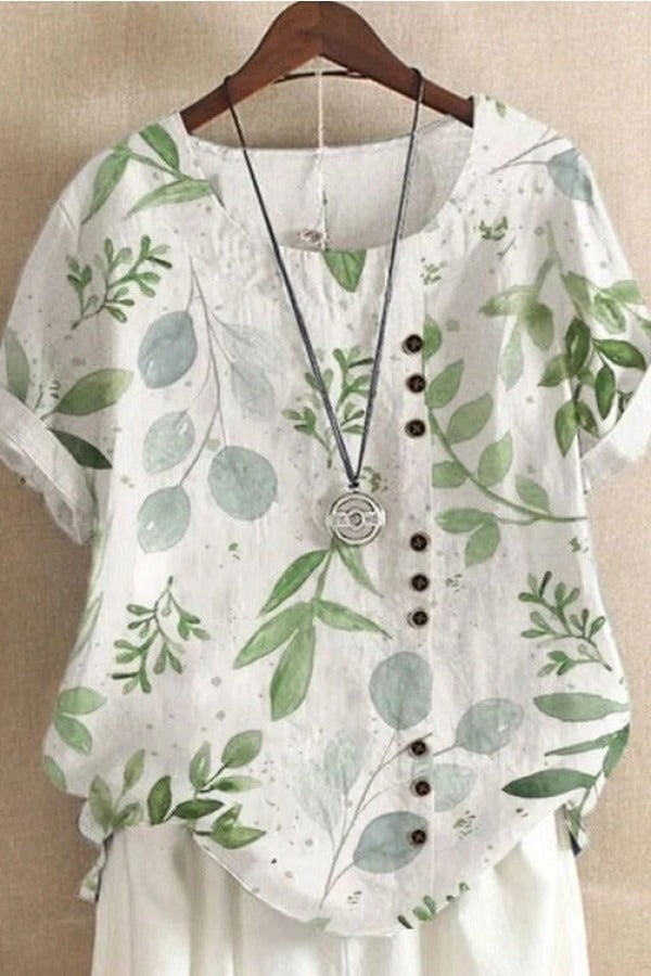 Leaf Print Round Neck Short Sleeves T-shirt