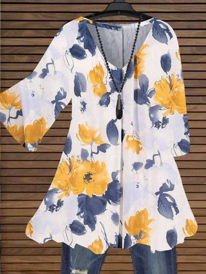 Floral Print V-neck Half Sleeves Tunic Blouse