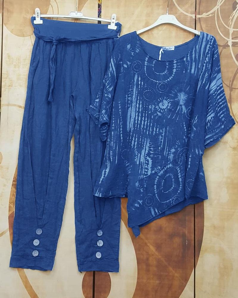 Ensemble deux pièces à imprimé abstrait, ourlet asymétrique et manches mi-longues